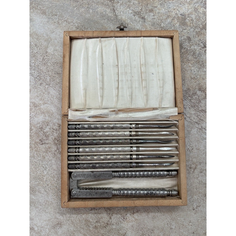 Vintage Nutcracker and 6 Pick Set with Wooden Storage Case Silver Tone 7 Piece
